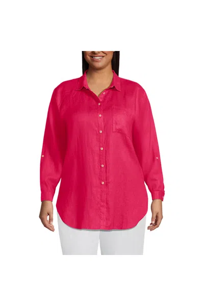 Lands' End Women's Plus Size Linen Roll Sleeve Oversized Relaxed Tunic Top In Pink