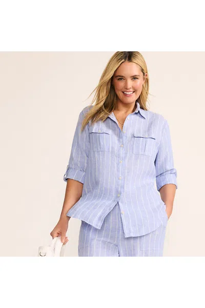 Lands' End Women's Plus Size Linen Roll Sleeve Relaxed Tunic Top In Blue