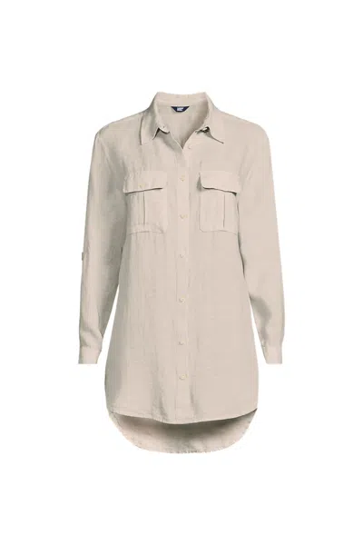 Lands' End Women's Plus Size Linen Roll Sleeve Relaxed Tunic Top In Neutral