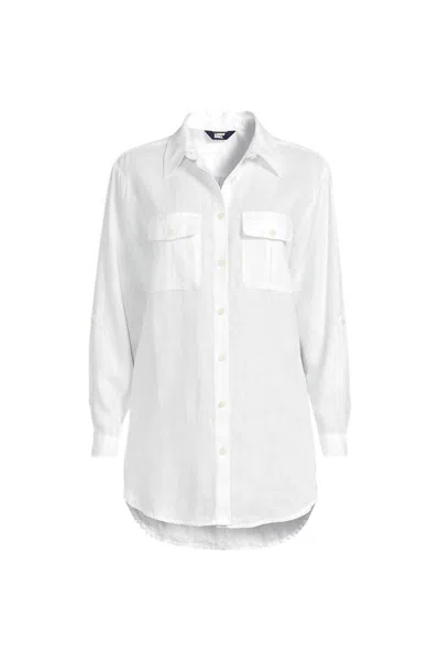 Lands' End Women's Plus Size Linen Roll Sleeve Relaxed Tunic Top In White
