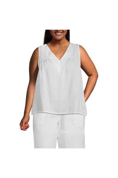 Lands' End Women's Plus Size Linen V Neck Top In White
