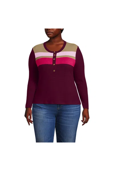 Lands' End Women's Plus Size Long Sleeve Cozy Rib Henley Top In Burgundy