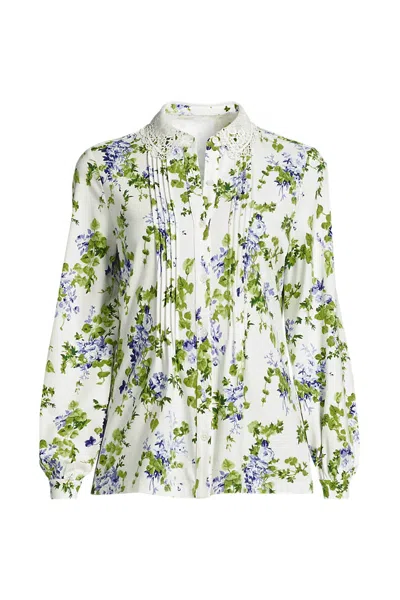 Lands' End Women's Plus Size Long Sleeve Lightweight Jersey Button Front Trim Collar Pintuck Blouse In Green