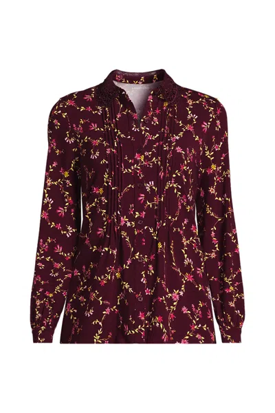 Lands' End Women's Plus Size Long Sleeve Lightweight Jersey Button Front Trim Collar Pintuck Blouse In Multi