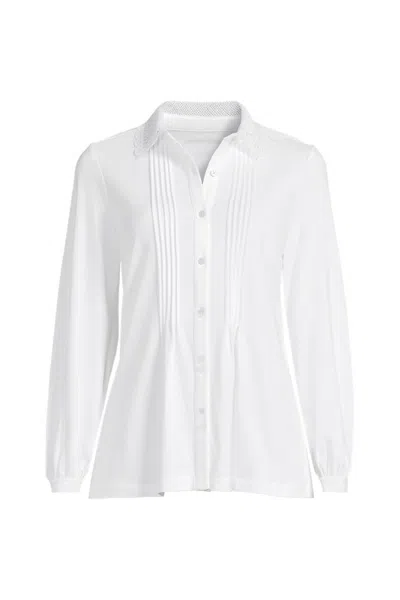 Lands' End Women's Plus Size Long Sleeve Lightweight Jersey Button Front Trim Collar Pintuck Blouse In White
