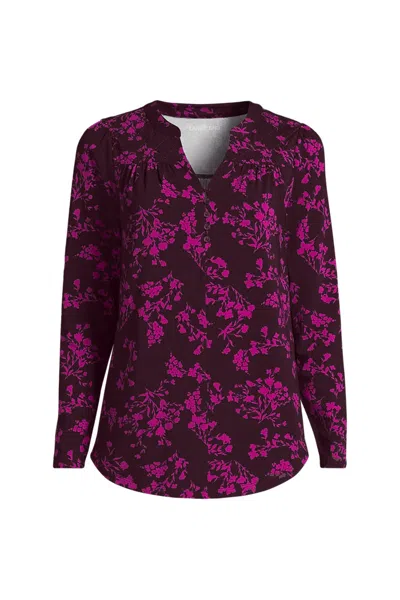 Lands' End Women's Plus Size Long Sleeve Lightweight Jersey Notch Neck Tunic Top In Red