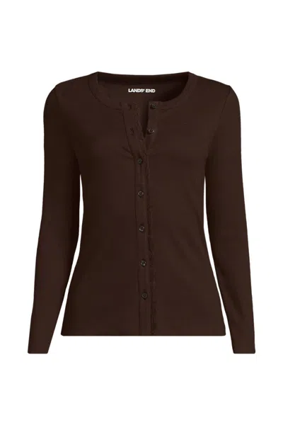 Lands' End Women's Plus Size Long Sleeve Micro Rib Lace Trim Button Through Cardigan In Brown