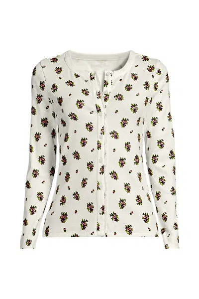Lands' End Women's Plus Size Long Sleeve Micro Rib Lace Trim Button Through Cardigan In Ivory