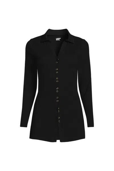Lands' End Women's Plus Size Long Sleeve Polished Rib Button Through Tunic Shirt In Multi