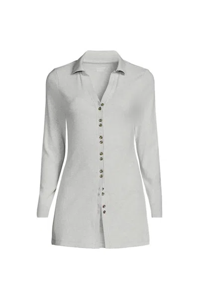 Lands' End Women's Plus Size Long Sleeve Polished Rib Button Through Tunic Shirt In Gray