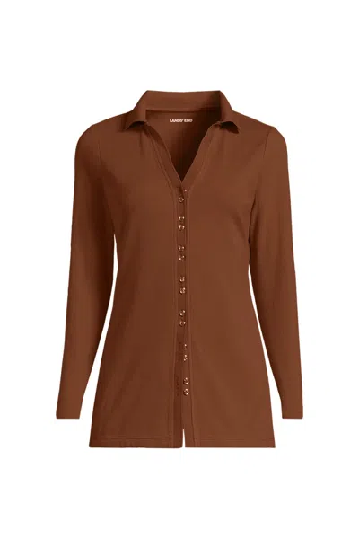 Lands' End Women's Plus Size Long Sleeve Polished Rib Button Through Tunic Shirt In Brown