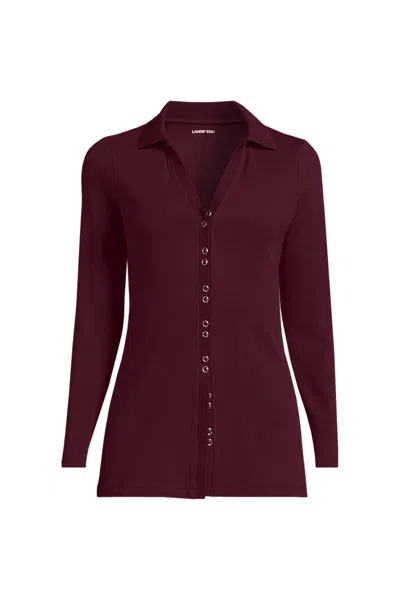 Lands' End Women's Plus Size Long Sleeve Polished Rib Button Through Tunic Shirt In Red