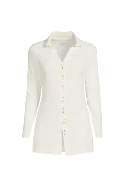 Lands' End Women's Plus Size Long Sleeve Polished Rib Button Through Tunic Shirt In White