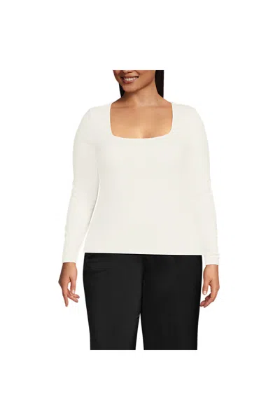 Lands' End Women's Plus Size Long Sleeve Rib Square Neck Tee In White