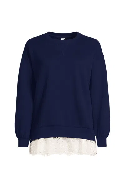 Lands' End Women's Plus Size Long Sleeve Serious Sweats Lace Hem Crew Neck Tunic Sweatshirt In Blue
