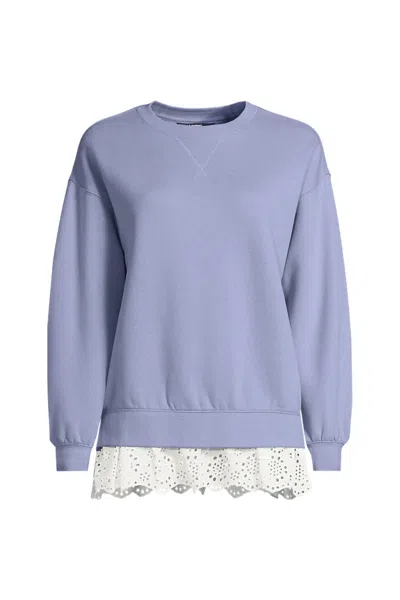 Lands' End Women's Plus Size Long Sleeve Serious Sweats Lace Hem Crew Neck Tunic Sweatshirt In Purple