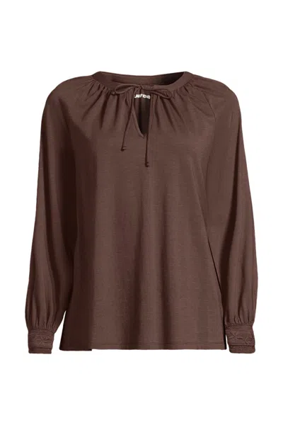 Lands' End Women's Plus Size Long Sleeve Slub Jersey Embroidered Sleeve Blouse In Brown