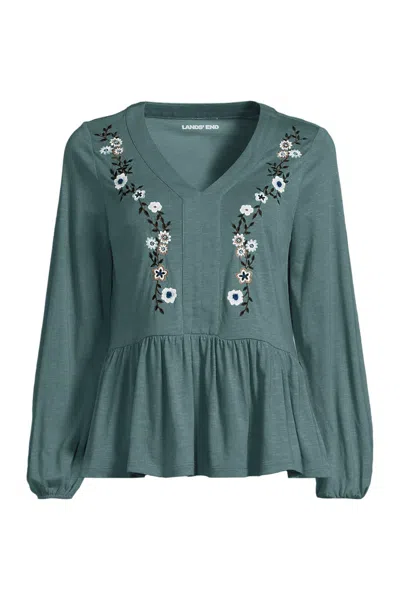 Lands' End Women's Plus Size Long Sleeve Slub Jersey V-neck Embroidered Tiered Blouse In Blue