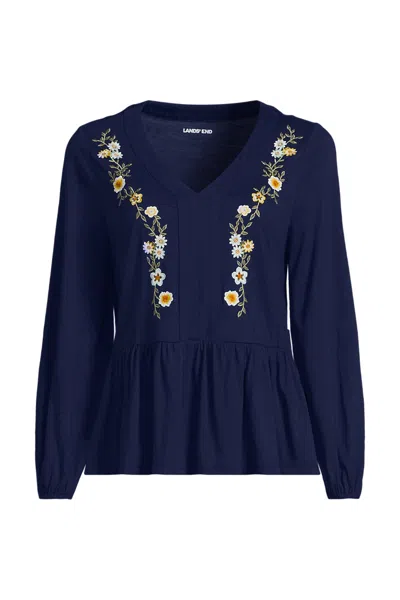 Lands' End Women's Plus Size Long Sleeve Slub Jersey V-neck Embroidered Tiered Blouse In Blue