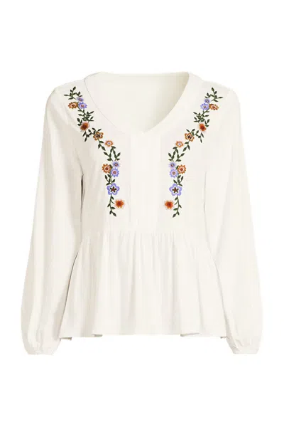 Lands' End Women's Plus Size Long Sleeve Slub Jersey V-neck Embroidered Tiered Blouse In White