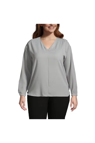 Lands' End Women's Plus Size Long Sleeve V-neck Button Shoulder Crepe Blouse In Gray
