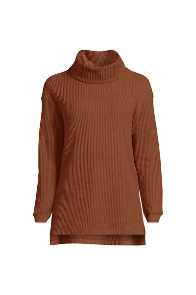 Lands' End Women's Plus Size Long Sleeve Waffle Cowl Neck Tunic In Brown