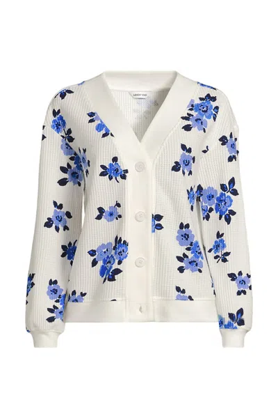 Lands' End Women's Plus Size Long Sleeve Waffle V-neck Cardigan In Ivory