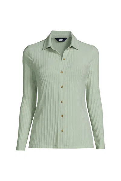 Lands' End Women's Plus Size Long Sleeve Wide Rib Button Front Polo In Blue