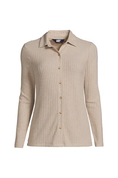 Lands' End Women's Plus Size Long Sleeve Wide Rib Button Front Polo In Neutral