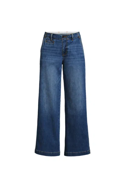 Lands' End Women's Plus Size Mid Rise Denim Wide Leg Ankle Jeans In Blue