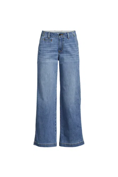 Lands' End Women's Plus Size Mid Rise Denim Wide Leg Ankle Jeans In Blue