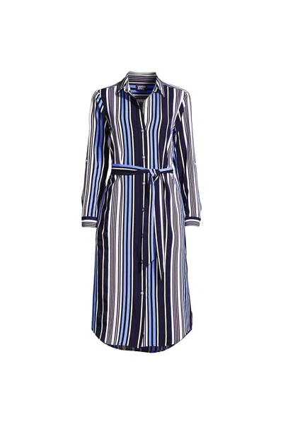 Lands' End Women's Plus Size Midi Belted Shirt Dress In Blue