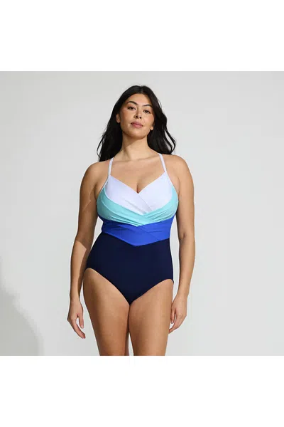 Lands' End Women's Plus Size New Slendersuit Pleated Low Leg One Piece Swimsuit In Blue