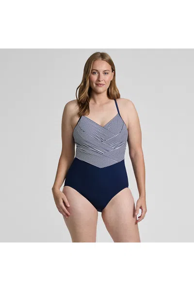 Lands' End Women's Plus Size New Slendersuit Pleated Low Leg One Piece Swimsuit In Blue