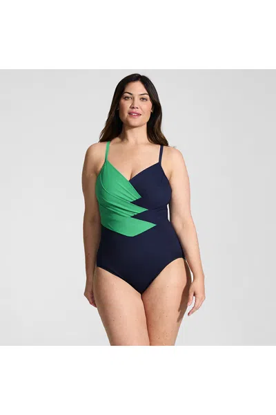 Lands' End Women's Plus Size New Slendersuit Pleated Low Leg One Piece Swimsuit In Multi
