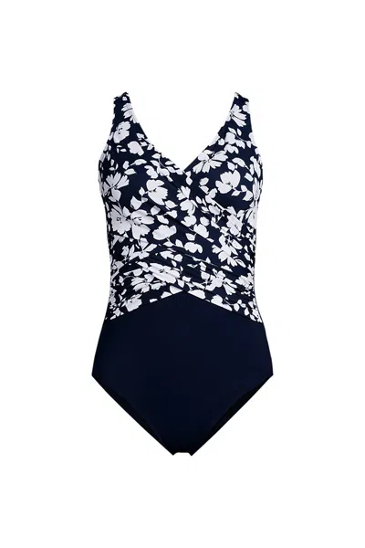 Lands' End Women's Plus Size New Slendersuit Wrap One Piece Swimsuit In Blue
