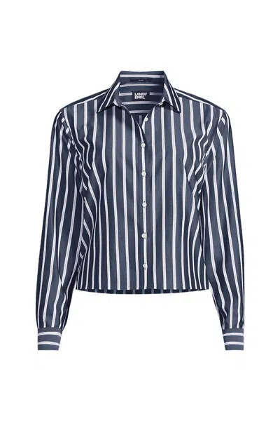 Lands' End Plus Size No Iron Boxy Cropped Shirt In Navy/white Dual Stripe