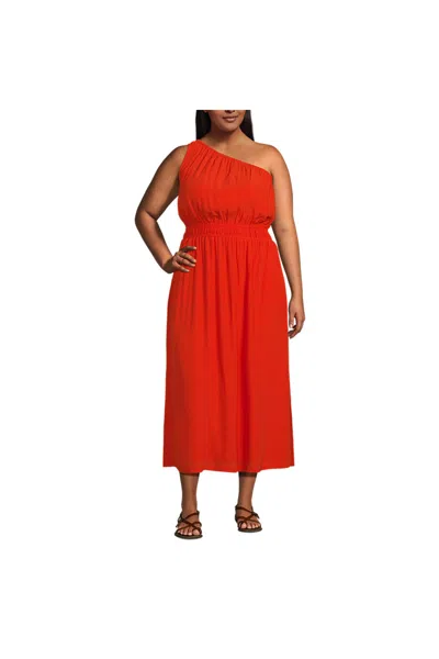 Lands' End Women's Plus Size One Shoulder Crepe Midi Dress In Orange