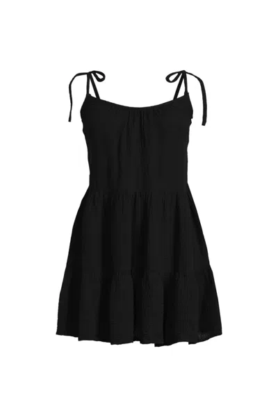 Lands' End Women's Plus Size Oversized Cotton Gauze Tiered Mini Cover-up Dress In Black
