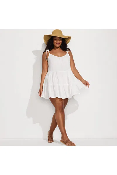 Lands' End Women's Plus Size Oversized Cotton Gauze Tiered Mini Cover-up Dress In Ivory