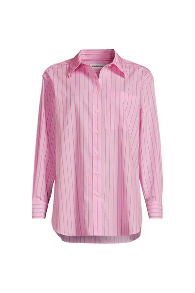 Lands' End Women's Plus Size Oversized No Iron Tunic With Statement Collar Shirt In Pink