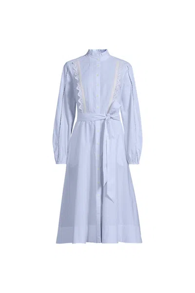 Lands' End Women's Plus Size Perfect Button Front Shirt Dress In Blue