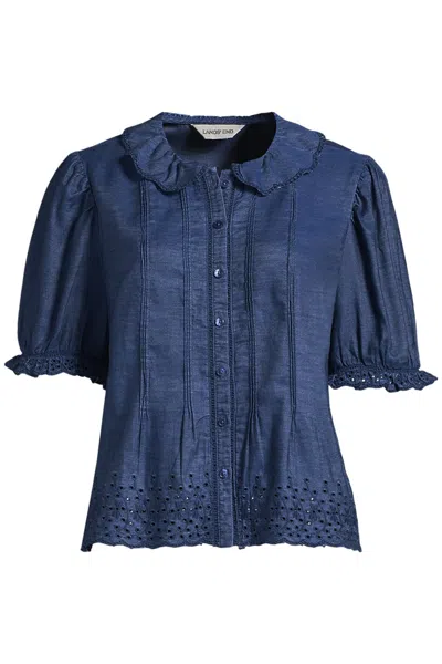 Lands' End Women's Plus Size Peter Pan Collar Eyelet Blouse In Blue
