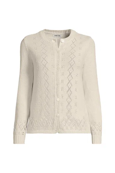 Lands' End Women's Plus Size Pointelle Crew Neck Cardigan Sweater In Ivory