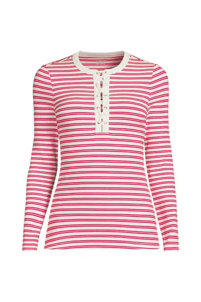 Lands' End Women's Plus Size Polished Rib Tie Henley Top In Pink
