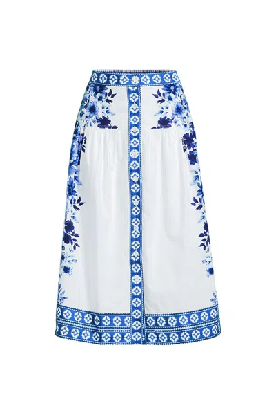 Lands' End Women's Plus Size Poplin Border Print Midi Skirt - Set Bottom In White