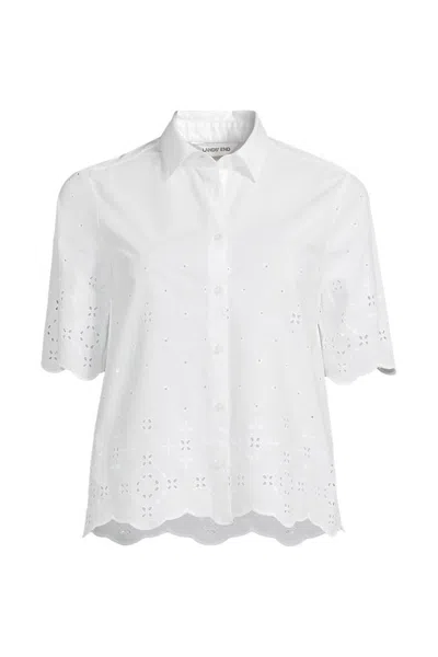 Lands' End Women's Plus Size Poplin Eyelet Button Front Shirt In White