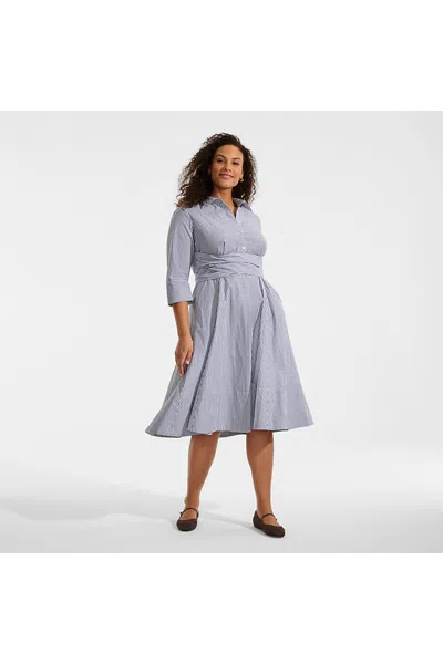 Lands' End Women's Plus Size Poplin Midi Wrap Front Dress In Blue