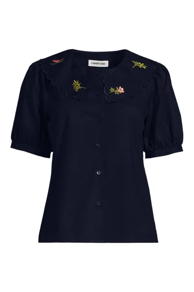 Lands' End Women's Plus Size Poplin Puff Sleeve Ruffle Collar Shirt In Blue