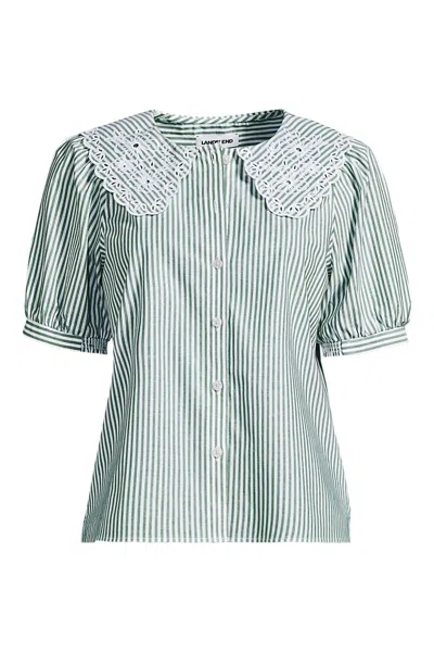Lands' End Women's Plus Size Poplin Puff Sleeve Ruffle Collar Shirt In Green